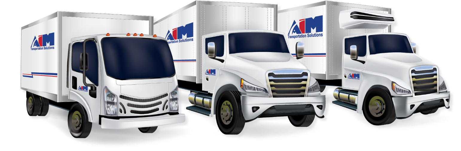 Illustrated depiction of an Aim Refrigerated Truck, Box Truck, and Truck and Trailer